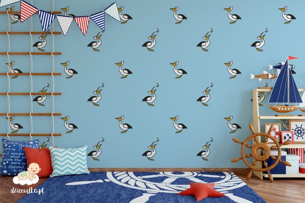pelikany rozmieszczone na błękitnym tle – tapeta dla dzieci