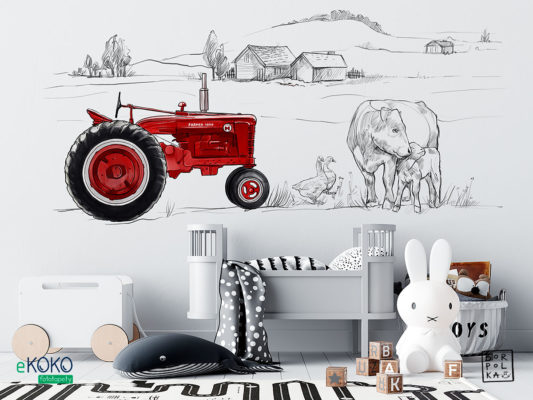 wiejskie gospodarstwo ze zwierzętami i czerwonym traktorem - fototapeta dla dzieci
