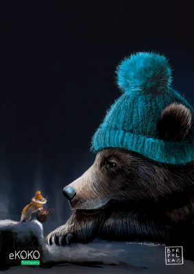 miś i mysz w zimowych czapkach na tle nocnego nieba – artystyczny plakat