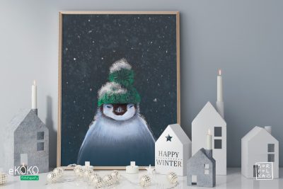 pingwin w zimowej czapce na tle nocnego nieba – artystyczny plakat