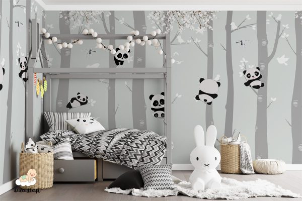 słodkie pandy na drzewach - fototapeta dla dzieci