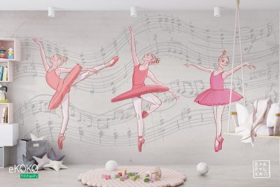 baletnice w tańcu na szarym tle zapianym nutami - fototapeta dla dzieci