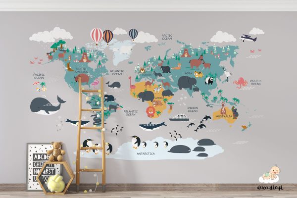 kolorowa mapa świata ze zwierzętami i statkami na szarym tle - fototapeta dla dzieci