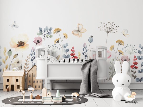 kolorowe polne kwiaty malowane akwarelą na białym tle – fototapeta dla dzieci