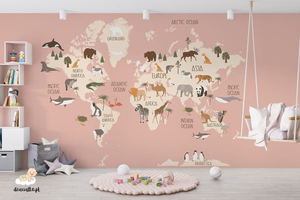 mapa ze zwierzętami na różowym tle – fototapeta dla dzieci