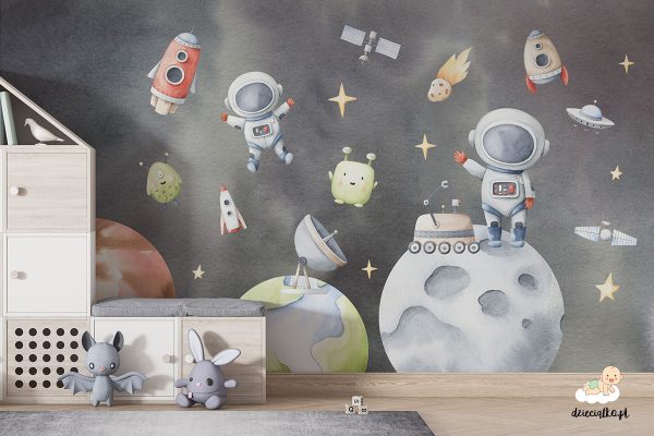 planety, astronauci, statki kosmiczne, satelity i ufoludki na szarym tle – fototapeta dla dzieci