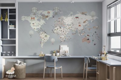 mapa z flagami i nazwami państw na szarym tle - fototapeta dla młodzieży