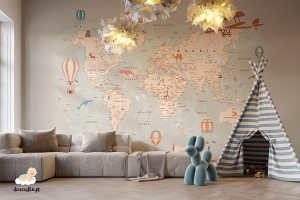 Mapa z balonami i samolotami, tapeta do pokoju dziecięcego