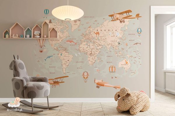Mapa z balonami i samolotami, tapeta do pokoju dziecięcego