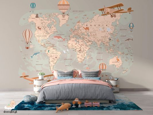 Mapa z balonami i samolotami, tapeta do pokoju dziecięcego