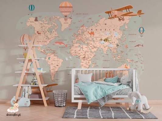 Mapa z balonami i samolotami, tapeta do pokoju dziecięcego