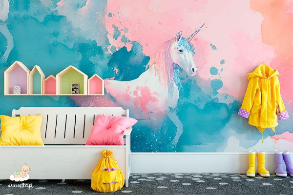 Tapeta do pokoju dziecięcego z pastelowym jednorożcem na różowo-turkusowym tle akwarelowym