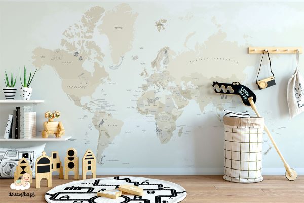 Kremowa mapa świata z nazwami Państwa i zwierzątkami, tapeta do pokoju dziecka