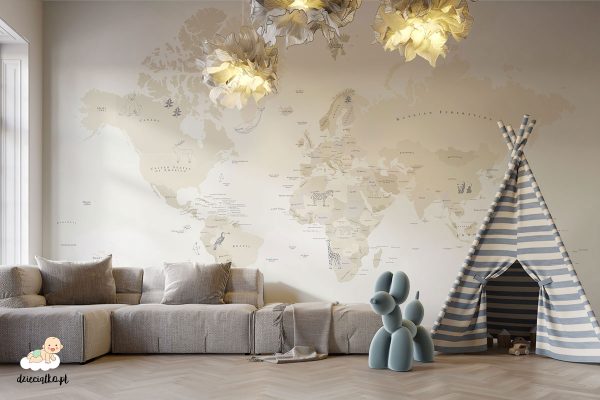 Kremowa mapa świata z nazwami Państwa i zwierzątkami, tapeta do pokoju dziecka