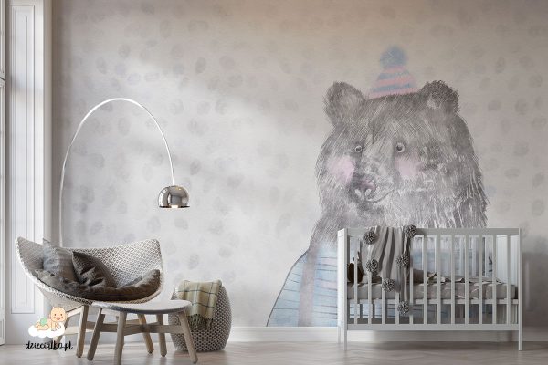 Pastelowa tapeta do pokoju dziecięcego, sympatyczny miś Franek