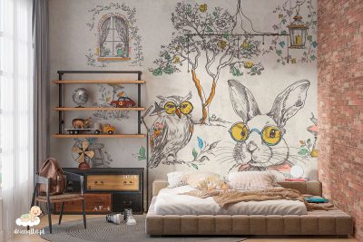 Tapeta, mural, fototapet do pokoju dziecięcego, królik, sowa, ślimak