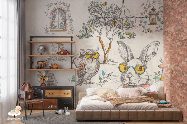 Tapeta, mural, fototapet do pokoju dziecięcego, królik, sowa, ślimak