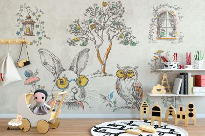 Tapeta, mural, fototapet do pokoju dziecięcego, królik, sowa, ślimak