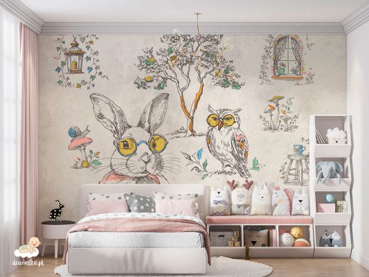 Tapeta, mural, fototapet do pokoju dziecięcego, królik, sowa, ślimak