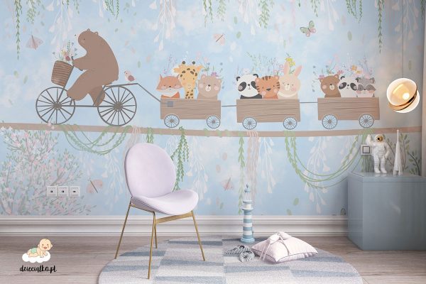 Wiosenny spacer. Ogród botaniczny. Piękne zwierzęta. Wesoły miś. Urocze zwierzęta. Tapeta dla dzieci.