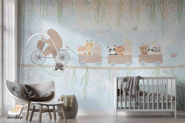 Wiosenny spacer. Ogród botaniczny. Piękne zwierzęta. Wesoły miś. Urocze zwierzęta. Tapeta dla dzieci.