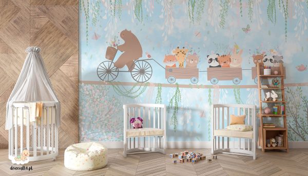 Wiosenny spacer. Ogród botaniczny. Piękne zwierzęta. Wesoły miś. Urocze zwierzęta. Tapeta dla dzieci.