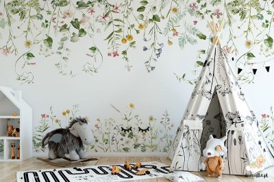 Zestaw akwarelowych kwiatów polnych w kolorze zielonym, tapeta