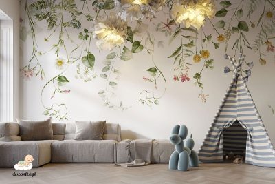 Zestaw akwarelowych kwiatów polnych w kolorze zielonym, tapeta