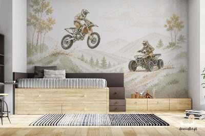 rysunek motocykl crossowy i quad przemierzające pagórkowate, leśne tereny - fototapeta dla dzieci